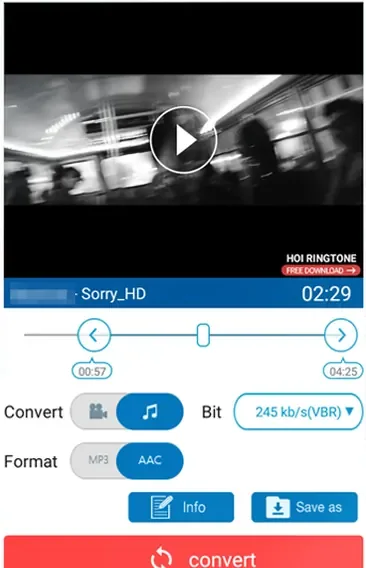 Trim and convert screen: a selection on the timeline, audio output, 245 kb/s, AAC